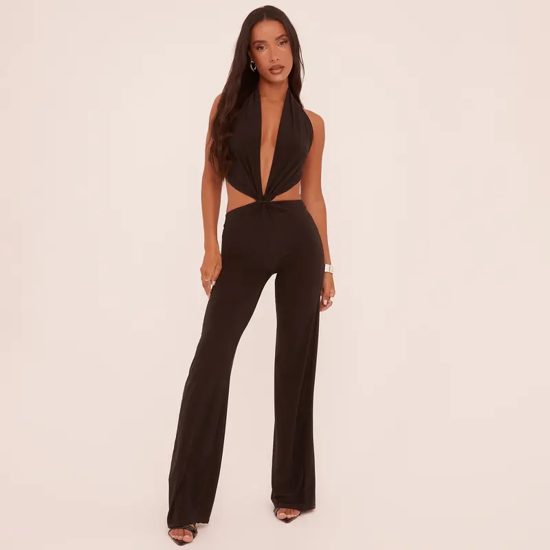 Plunge Knot Detail Flared Leg Jumpsuit 0