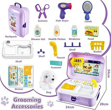 Kids Vet Kit Dog Grooming Toy Pet Care Role Play Games Animal Dolls Pretend Play Pet Carrier Set Toys 3 4 5 Year Old Girls Boys Children Gifts 5