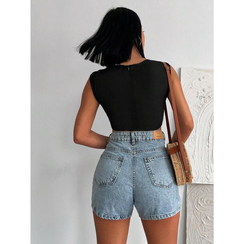 Solid Crop Tank Top[S12] basic  tops  women vest align casual  clothes slip plunge neck bodyless sleeve cold  shoulder  tops shirts  women sweater gilet Womenswear Comfort 1