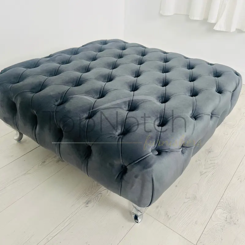TopNotch Furnishers Large Coffee Table 30Inch x 30Inch x 12Inch - Deep Buttoned Chesterfield Footstool In Grey Plush Velvet Sturdy 2