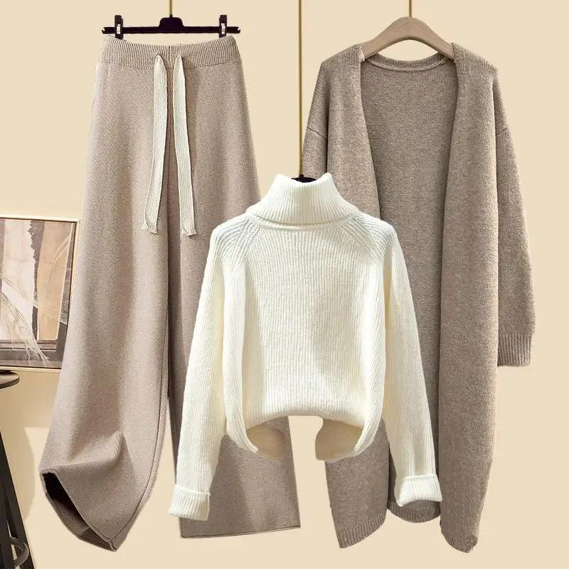 Product Introduction of [2025] plus size women's winter cardigan jacket polo/turtle neck sweater bell bottoms three-piece set new style long length 20