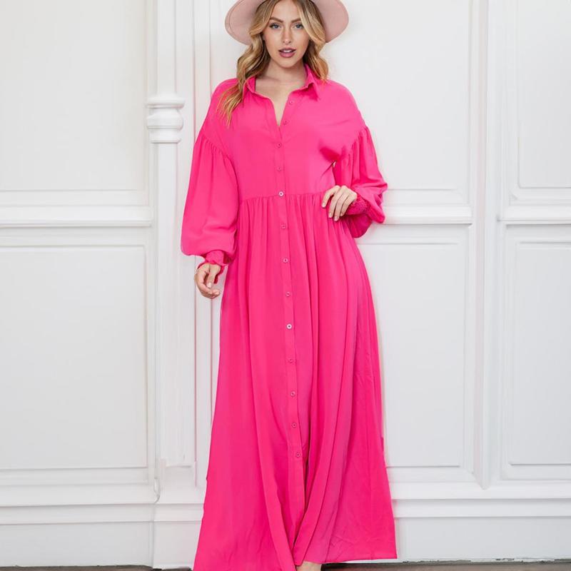 Women's Trendy Plain Lapel Balloon Sleeve Button Up Pleated Maxi Dress,Spring & Summer Dresses for Women,Solid Color Maxi Dresses for Women,Lady Loose Dress for Daily Holiday Wear,Birthday Outfits for Women,Comfortable Womenswear 4