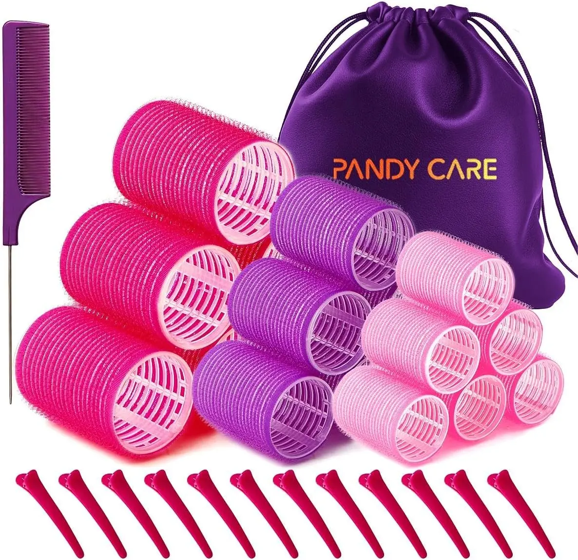 Hair Rollers Set 32 PCS, PandyCare Hair Rollers For Long & Short - No Heat, Hair-friendly, Natural Effect, Includes 18 Rollers (1.73+1.41+0.98 inch), 12 Clips,1 Rat Tail Comb 1 Storage Bag