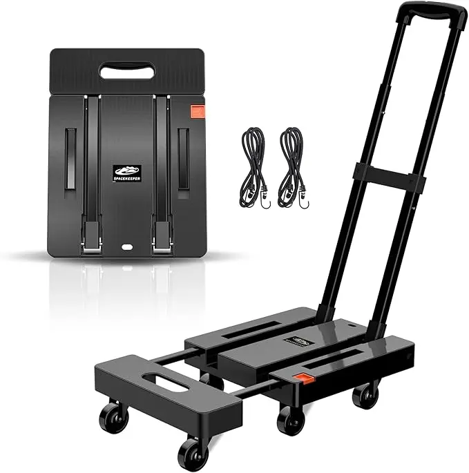 SPACEKEEPER Folding Hand Trolley, 227KGS Heavy Duty Platform Trolley with 6 Wheels and 2 Elastic Ropes for Luggage, Travel, Car, Shopping, Moving and Office, Orange 0