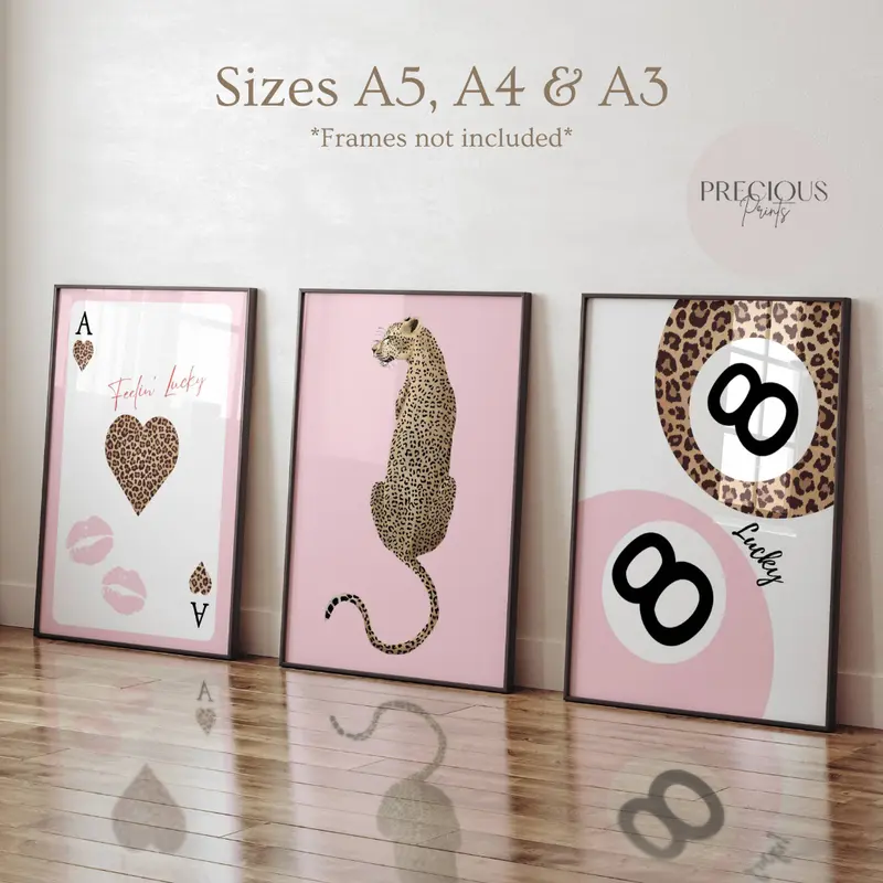 Set of 3 Trendy Prints Pink / Leopard Cheetah Print / Pink 8 Ball Lucky Trendy Wall Art Gallery Preppy Chic Luxury Home Decor / Colourful Wall Art / A5 A4 A3 Unframed / Fast Cheap Delivery / Giclee Poster Artistic Photo Room 5