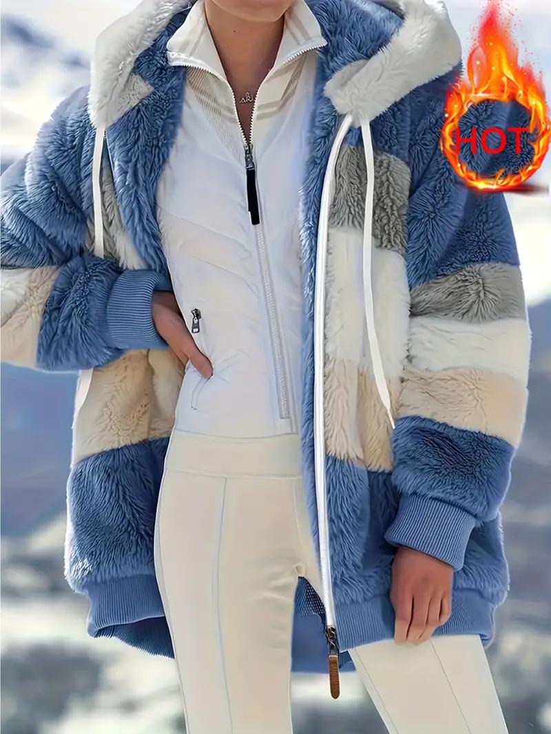 Product Introduction of Women's Color Block Fuzzy Coat - Casual Hooded Zip-Up Long Sleeve Outerwear with Adjustable Drawstring, Warm and Stylish Womenswear Jacket for Daily, Outdoor, or Travel Wear Tops 5
