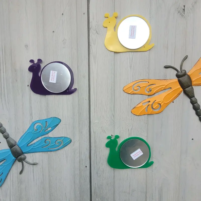 set of 5, acrylic snail mirrors, dragonfly ornaments NOT included. sensory garden 0