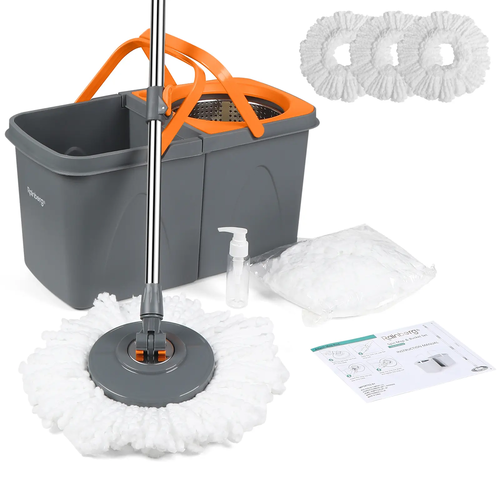 Rainberg Spin Mop and Bucket Set With 3 Extra Heads, 130cm Extendable Handle, Machine Washable Microfibre Heads, Self-Wringing System, Grey and Orange (Spin Mop Set)