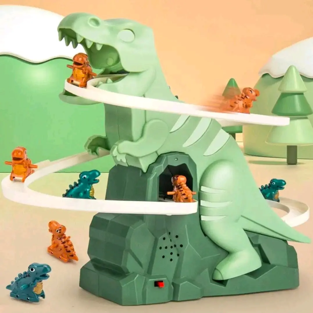 Electric Dinosaur Toy with 3 Cars - Climbing Stairs Track Slide - Ideal Gift for Kids
