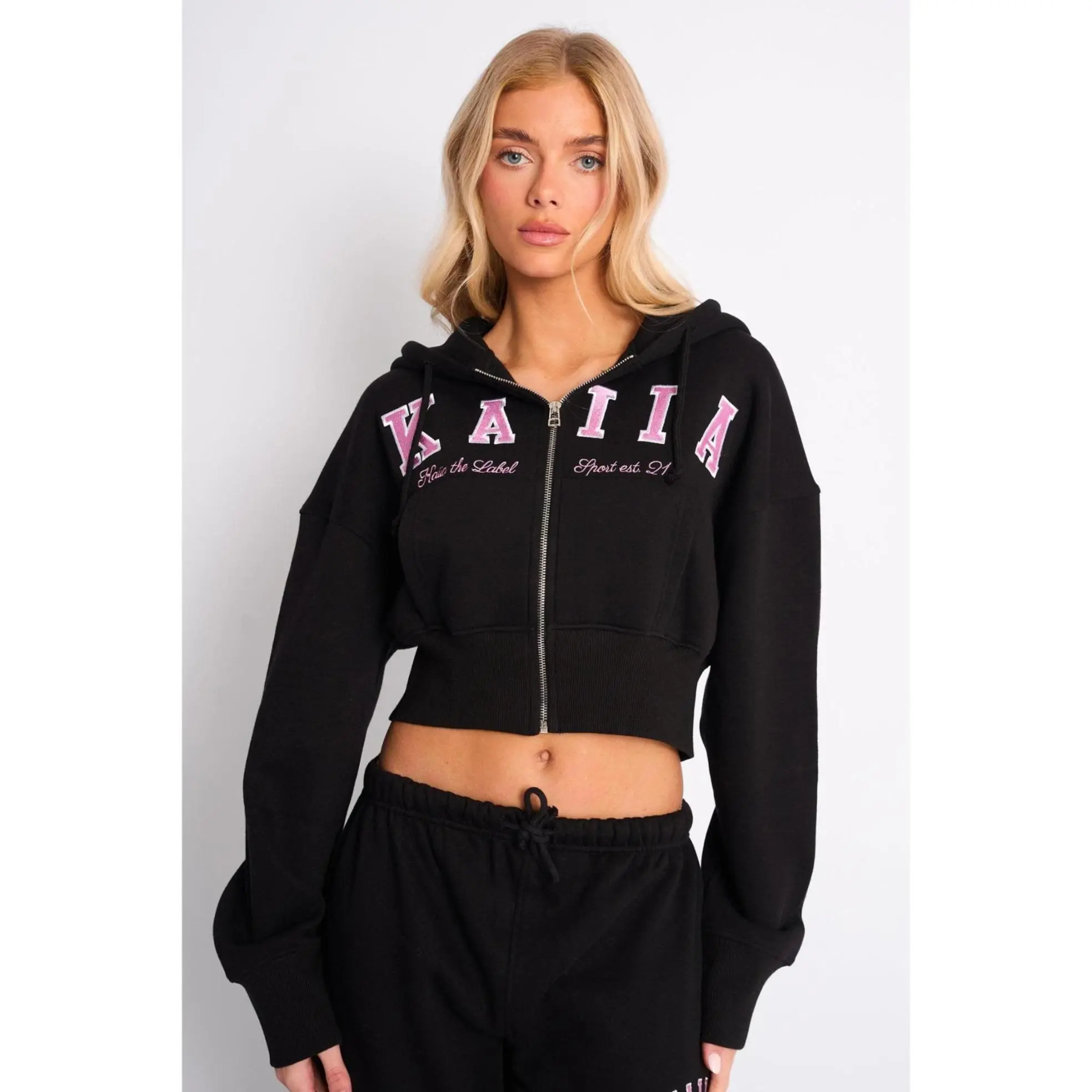Kaiia Slogan Cropped Zip Up Hoodie Black & Pink