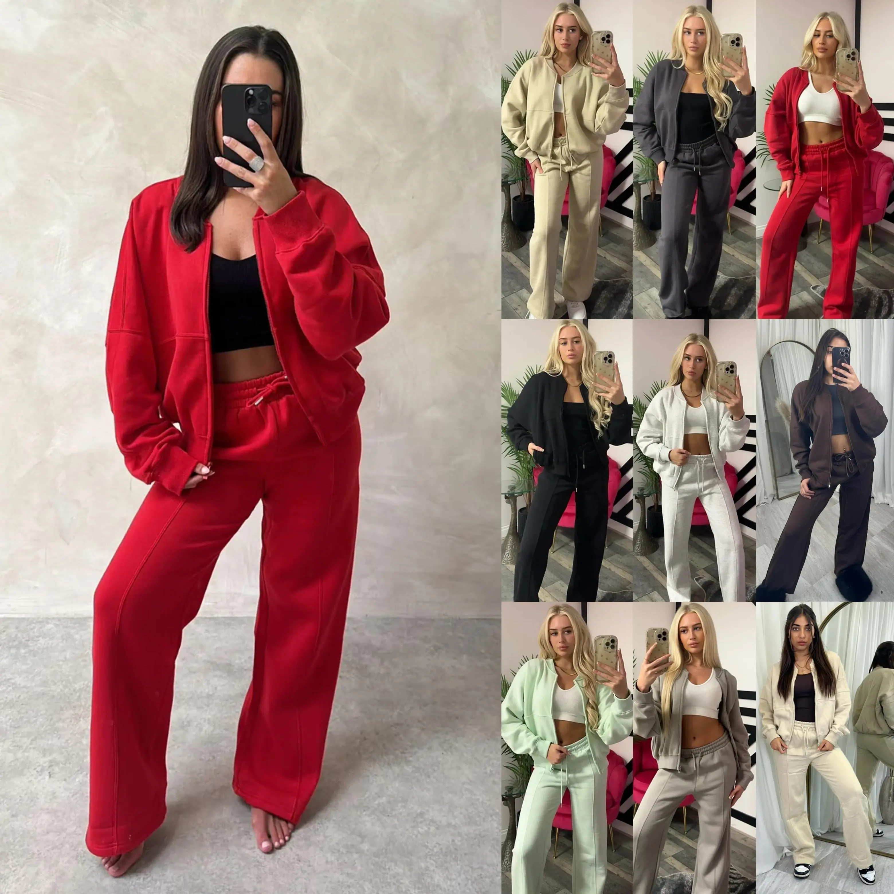 Women's Premium Fleece Tracksuit Set with Bomber Jacket and Wide-Leg Jogger Pants - Fit, Fabric Palazzo Trouser Long Sleeve  Womenswear Comfortable Casual Ladies Loungewear co ord Gym Tracksuit Polyester Clothing Zipper Medium Style