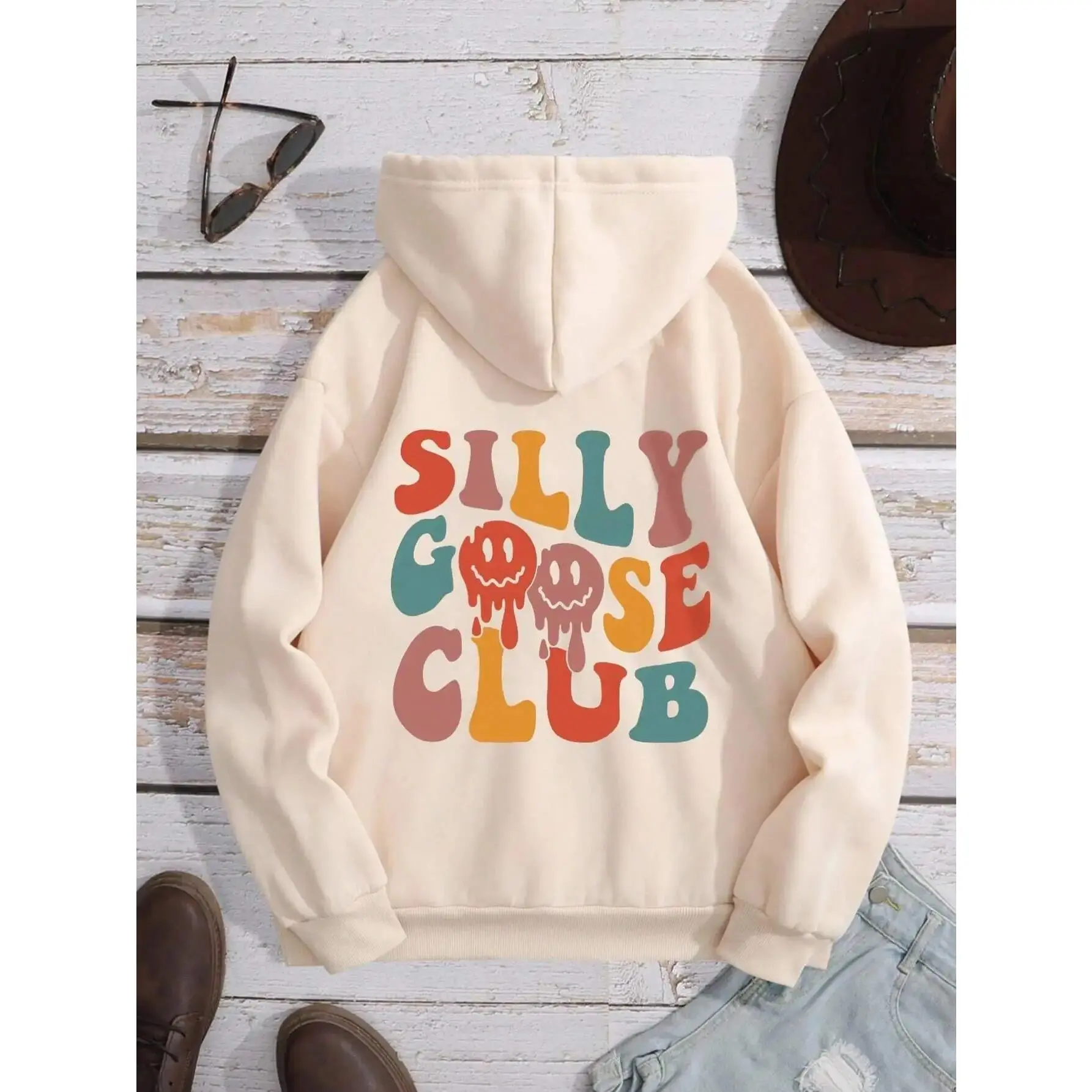 Silly Goose Club Letter Graphic Hoody Male Vintage Crewneck Sweatshirt Autumn Oversize Hooded Comfortable Men Streetwear