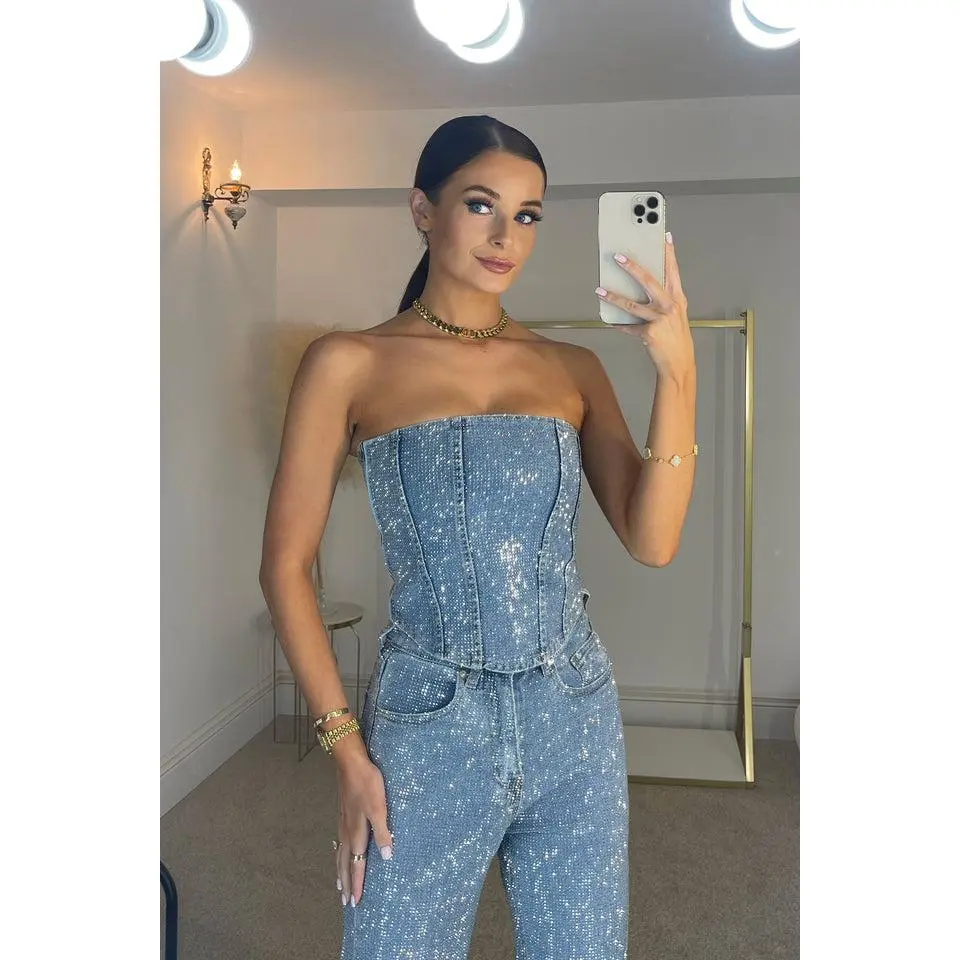 GINA Premium Diamanté Sparkly Rhinestone Structured Denim Corset in Mid Blue