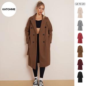 KatchMe Women's Commuter Double Breasted Notch Lapel Waist Tie Pocket Thermal Coat (Size:6-18) (B),Womenswear,Lady's Plain Jacket for Fall & Winter