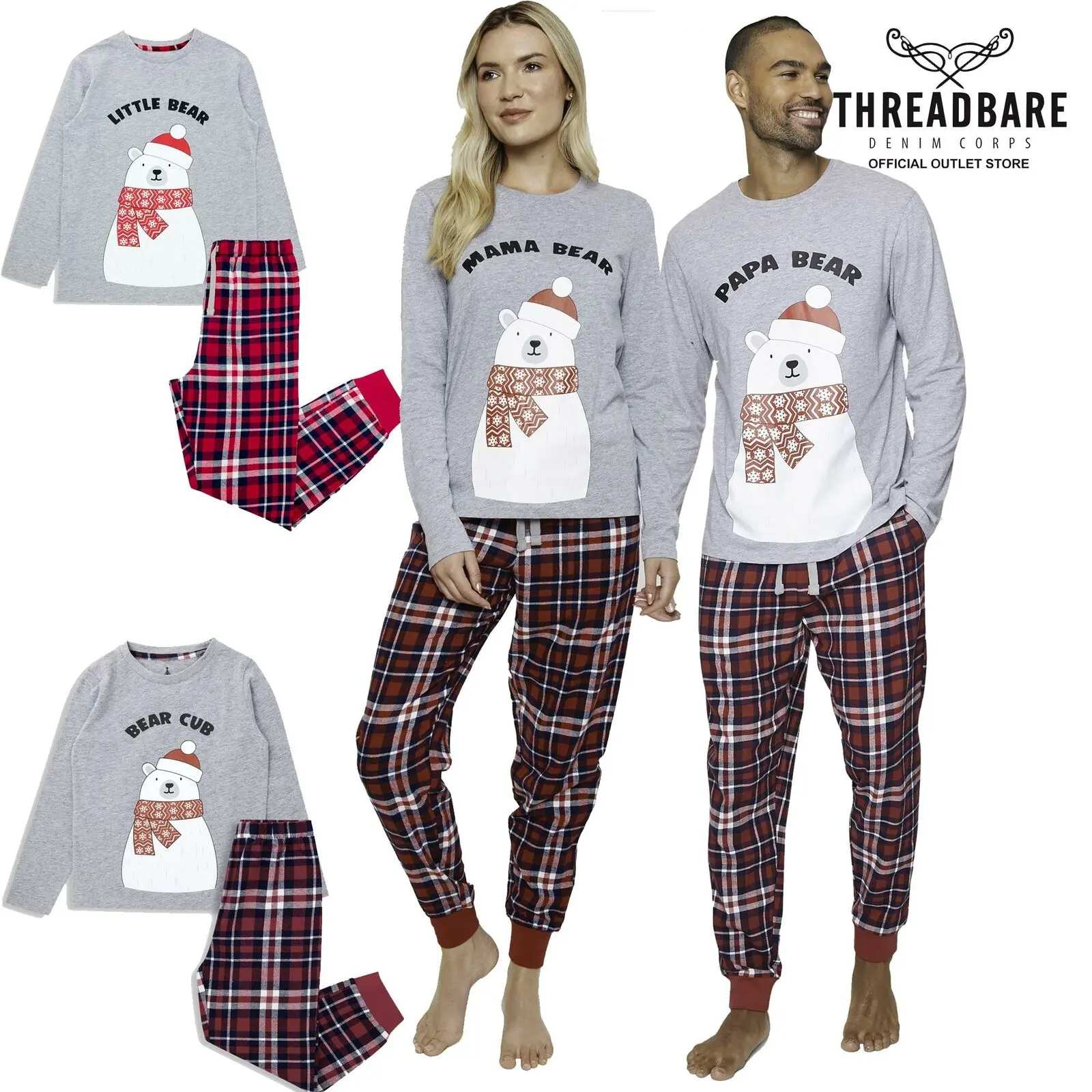 Threadbare Family Christmas Kids  Pj's Pyjama Set Cotton Lounge Polar Bear Print