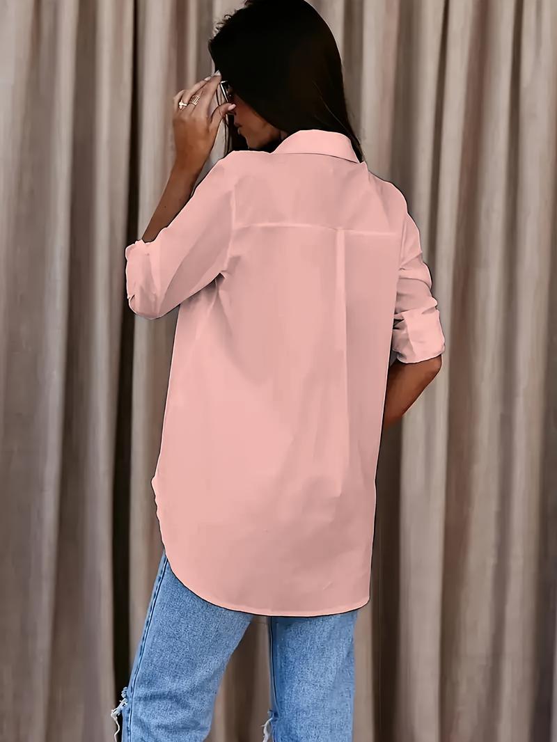 Product Introduction of Solid Button Front Shirt, Casual Turn Down Collar Office Work Shirt, Women's Clothing 13