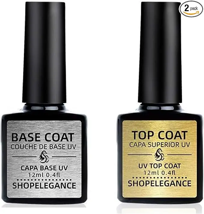 SHOP ELEGANCE Gel Base and Top Coat. Top + Base Coat Gel Polish Set 2 x 12ml 0.4fl. Gel Nail Polish Soak off UV LED Drying Long Lasting Shiny, High Gloss Finish Clear