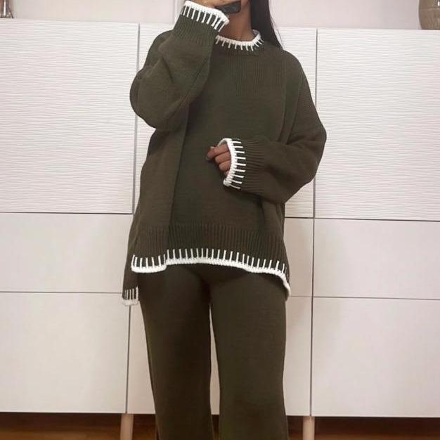 Product Introduction of Women's Stitched Knitted Jumper Top Wide Leg Trousers 2PCS Co ord Loungewear Set Long Sleeve Winter Basic Comfort Womenswear Casual Comfortable Coord Fit Overalls 11