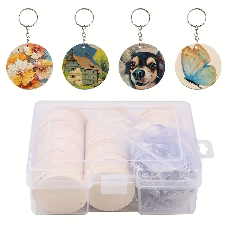 50pcs DIY Wooden Round Pendant Keychain Making Kit - Create Your Own Customizable Keychain Accessories with Key Rings - Perfect for Craft Enthusiasts and Gift Giving 3
