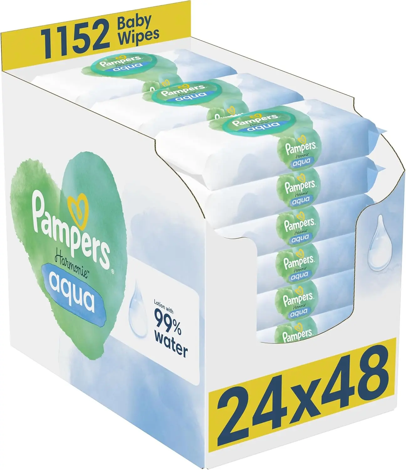 Harmonie Aqua Baby Wipes 24 Packs of 46 Wipes = 1152 Baby Wet Wipes, Help Restore Natural Skin pH,Delicate Lotion with 99% Water cotton  balls