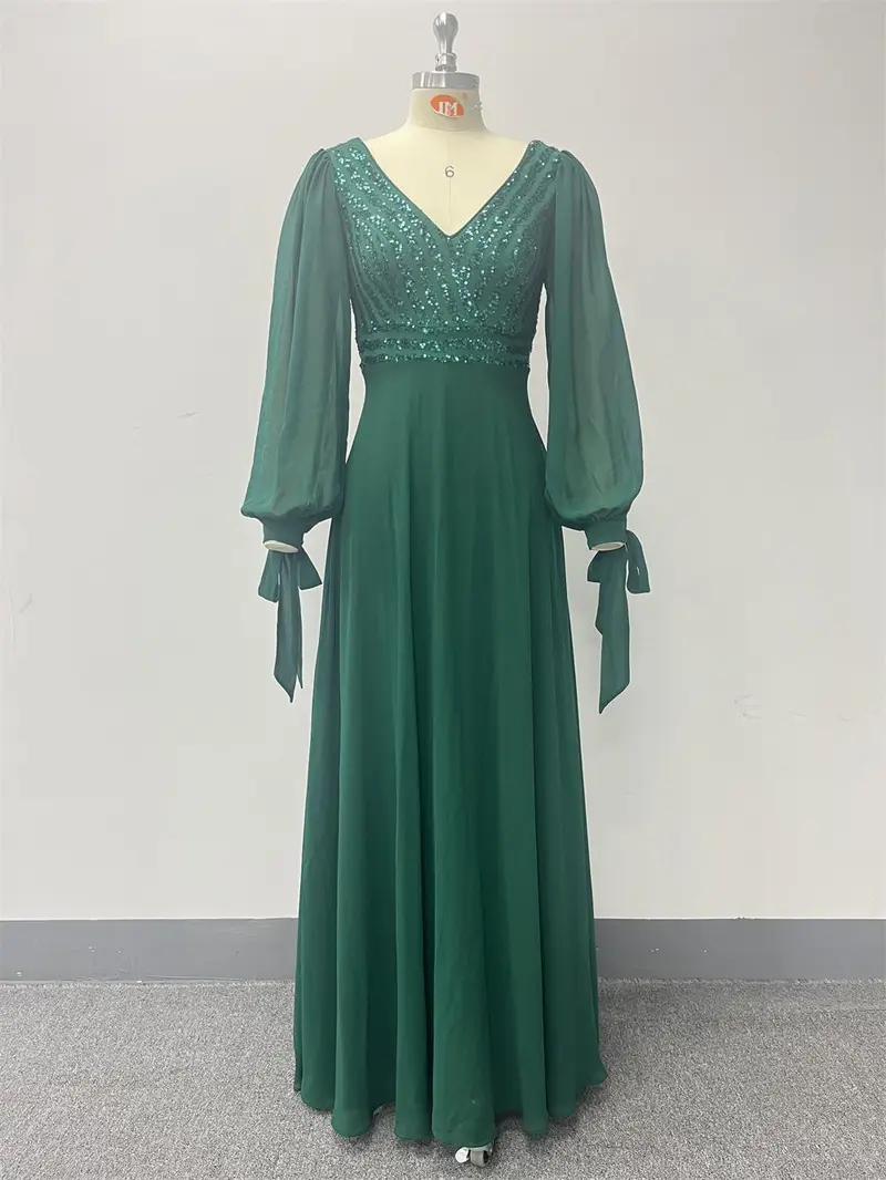 Product Introduction of New long-sleeved lace-up high-quality double V-neck bead splicing chiffon A-shaped large pendulum fully lined party evening dress 8