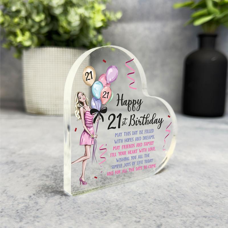 21st Birthday Present Female Balloons Girl Heart Plaque Keepsake Gift - Gift, Custom Present, Trinket, Ornament, Acrylic Plaque 1
