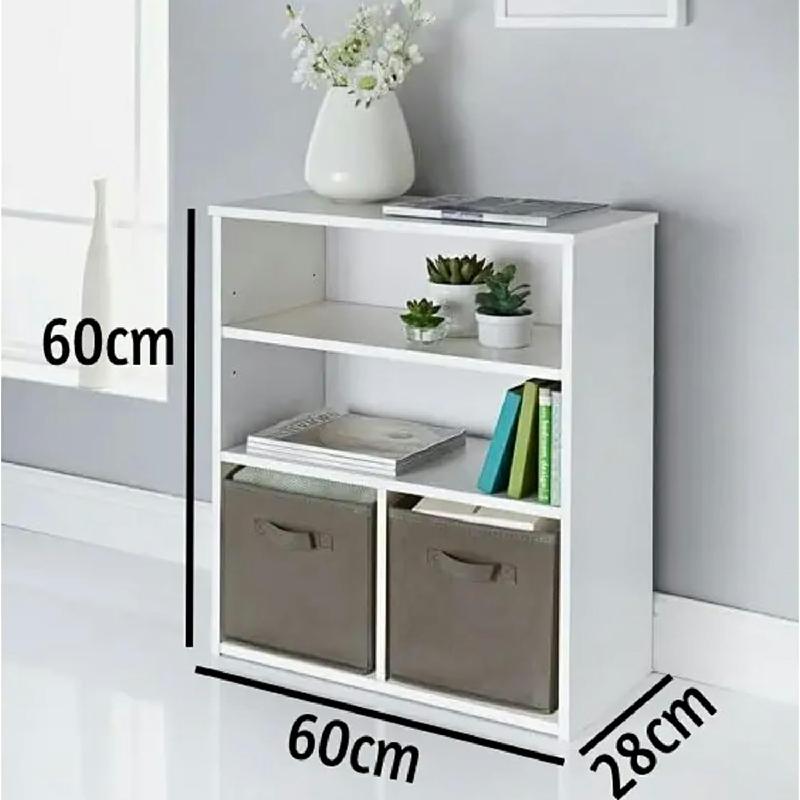 YORKSHIRE HOMEWARE White Bookshelf with 2 Shelves & 2 Grey Storage Baskets Storage Cubes Shelves Units Wooden Cube Units Display Furniture Decor for Bedroom, Living Room, Kids Room,W60 x D28 x H60cm 1
