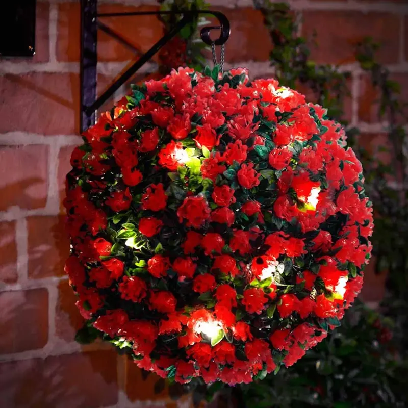 New Solar Powered Topiary Ball Lights - 27cm Topiary Balls with 20 Solar LED Lights - Garden Ornament Hanging Sphere Decoration - Wedding Artificial Plant - Backyard Balcony Garden Decor (Red) 1
