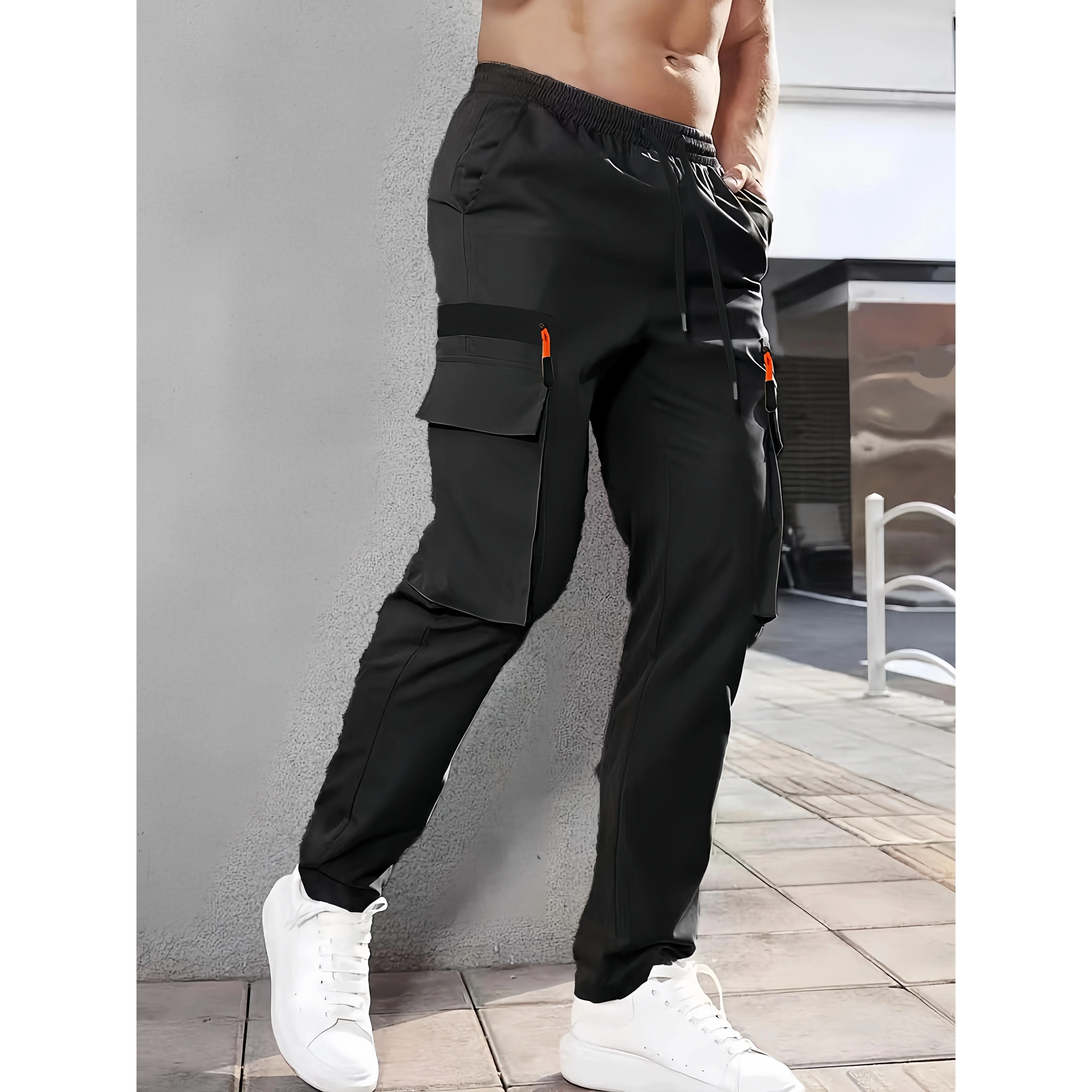 Men's Cuffed Cargo Pants With Flap Pockets In Solid Color, Breathable Comfy Pants For Outdoor Activity