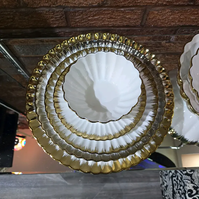 Round dinner plate  ceramic Gold & white stylish Plates, Roundgular Tableware Traditional Round Thick Rectangular 3