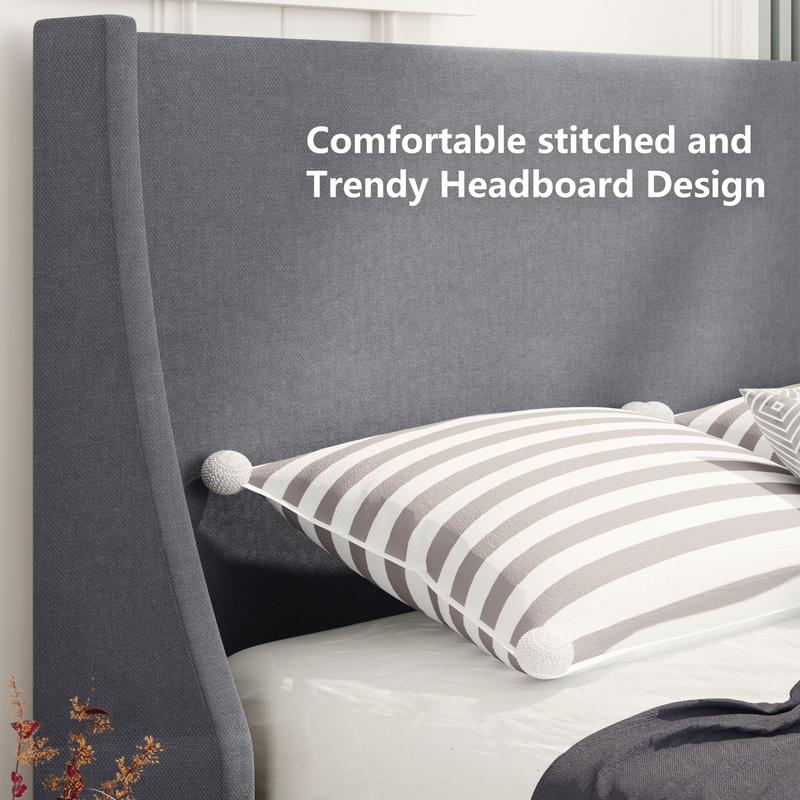 Single Bed Soft Linen Grey 3FT Upholstered Bed with Winged Headboard, Wood Slat Support 2
