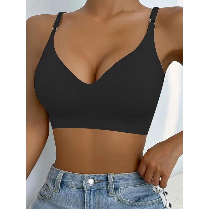 Women's Solid Color Adjustable Strap Padded Wireless Bra, Curvy Holiday Wear 2024, Soft Comfortable Breathable Seamless Push Up Lingerie Top, Lingerie for All Seasons, Summer Wear 2024 4