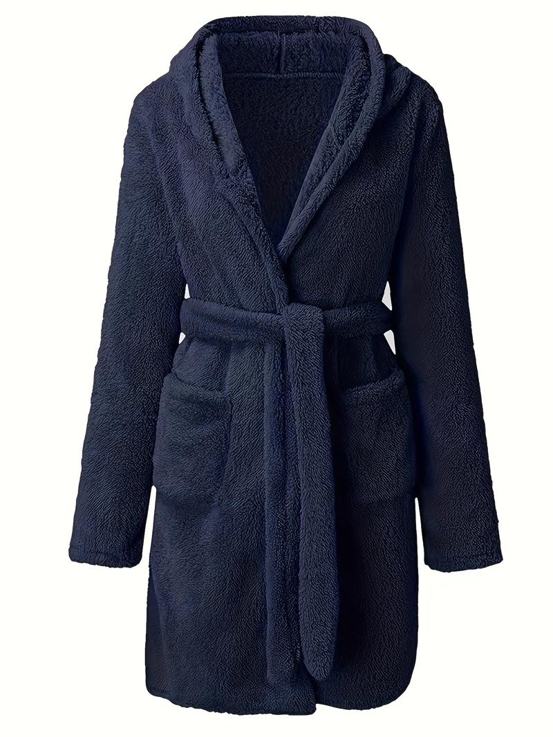 Product Introduction of Men's Solid Winter Plush Hooded Bathrobe, Thickened Warm Long-Sleeve Fleece Loungewear, Simple Casual Style 5