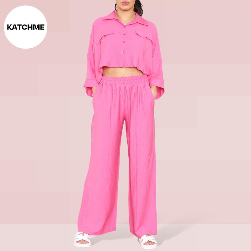 KatchMe Women's Versatile Long Sleeve Button Crop Top & Elastic Waist Pocket Trousers Co-ord,Lady Two-Piece Outfit for Womenswear,Plain Co-ord Set 6