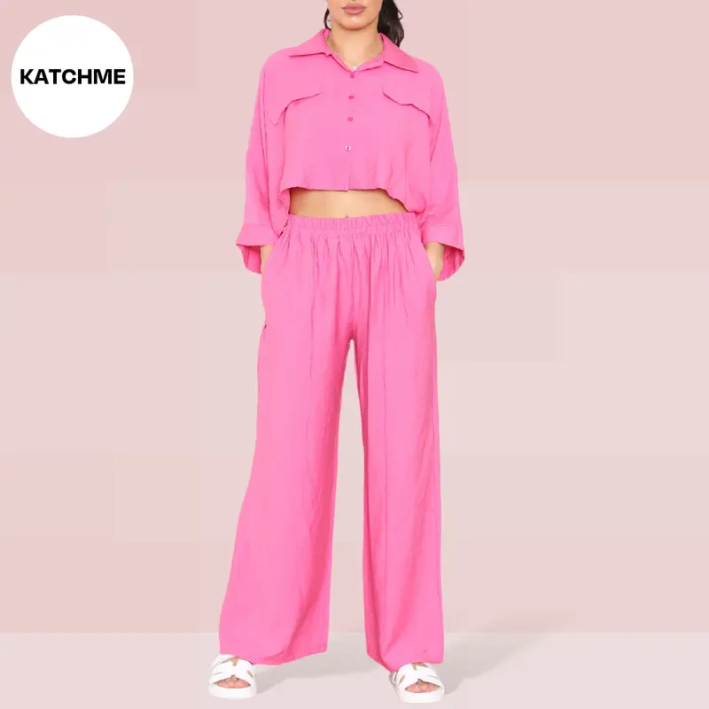 KatchMe Women's Versatile Long Sleeve Button Crop Top & Elastic Waist Pocket Trousers Co-ord,Lady Two-Piece Outfit for Womenswear,Plain Co-ord Set 6