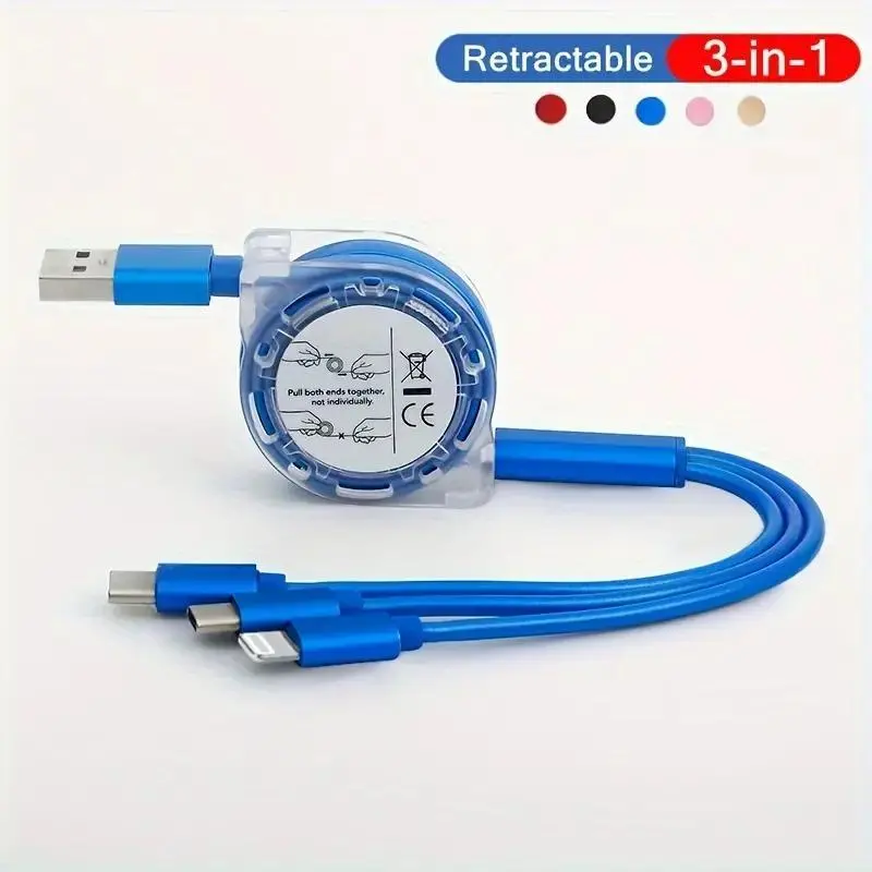 3in 1 Retractable USB Cable for iPhone Charger Wire Charging Cable for Android phone Type C / Micro USB Xiaomi for SamSung Redmi, OnePlus, for TCL,OPPO,for VIVO And More