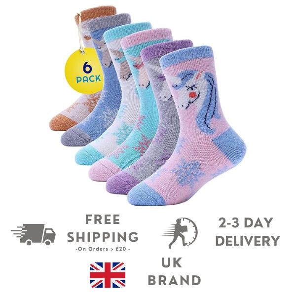 Sunny Socks - 6 Pack Kids Thermal Socks - Unicorn Socks for Girls - Warm, Thick, Cosy Winter Socks - Soft, Comfortable, Fun Design - Wool Socks for Hiking, Walking & Outdoor Activities 0