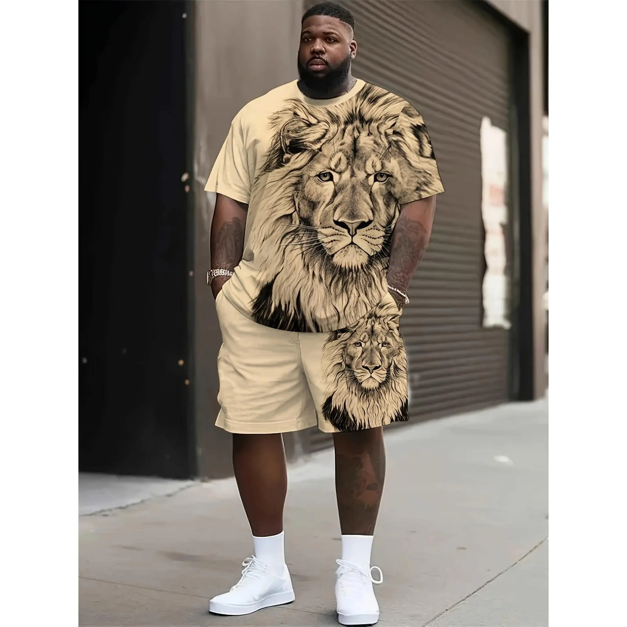 Plus Size Mens Majestic Lion Print T-shirt & Shorts 2Pcs Set - Cool, Breathable Summer Outfit for Casual Stylish Days