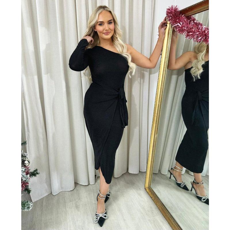 iKrush One Shoulder Wrap Front Glitter Midi Dress i38442 Bodycon Wrap   Mid Calf Length  Collared One Shoulder Occasionwear Partywear Plain Date Night Going Out Party 4