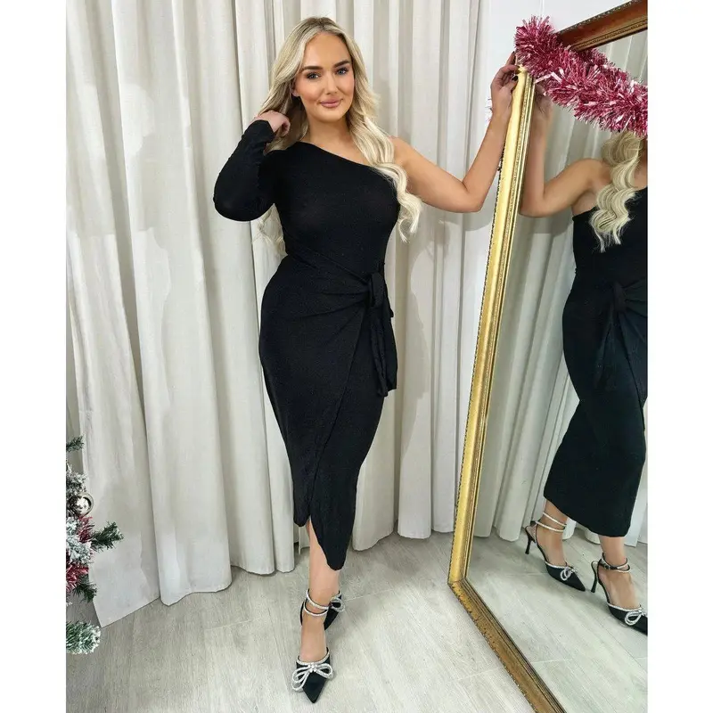iKrush One Shoulder Wrap Front Glitter Midi Dress i38442 Bodycon Wrap   Mid Calf Length  Collared One Shoulder Occasionwear Partywear Plain Date Night Going Out Party 4