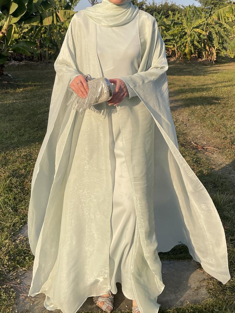 Product Introduction of #LY06  Ramadan Promotion Three-piece Elegant butterfly organza abaya set, shimmer abaya set with inner dress and hijab 14
