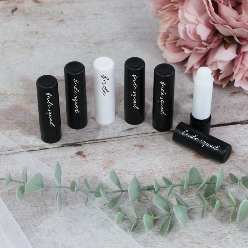 GiftsinaJiffy Black Bride Squad Lip Balms, White Bride Lip Balm, Black Hen Party Theme, Vanilla Flavour, Goody Bag Favour for Hen Do, Hen Party Bag Filler Compact Gentle Skincare Comfort 3