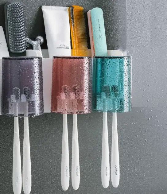 Toothbrush Holder Wall Mounted, Adhesive Toothbrush Holders, Multifunctional Bathroom Toothbrush Holder with 4 Cups and 4 Toothbrush Slots can Hold 8 Toothbrushs 2