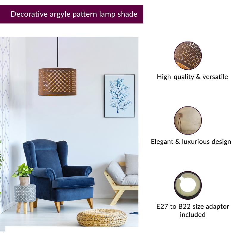 Brown & Gold Decorative Argyle Pattern Lamp Shade - For Desk, Floor and Ceiling 3