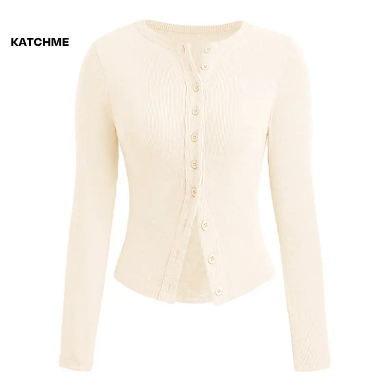 KatchMe Women's Versatile Solid Color Knit Button-Up Long Sleeve Slim Top,Lady Slim-Fitting Top for Daily Holiday Wear,Fall & Winter Crewneck Knitwear 5