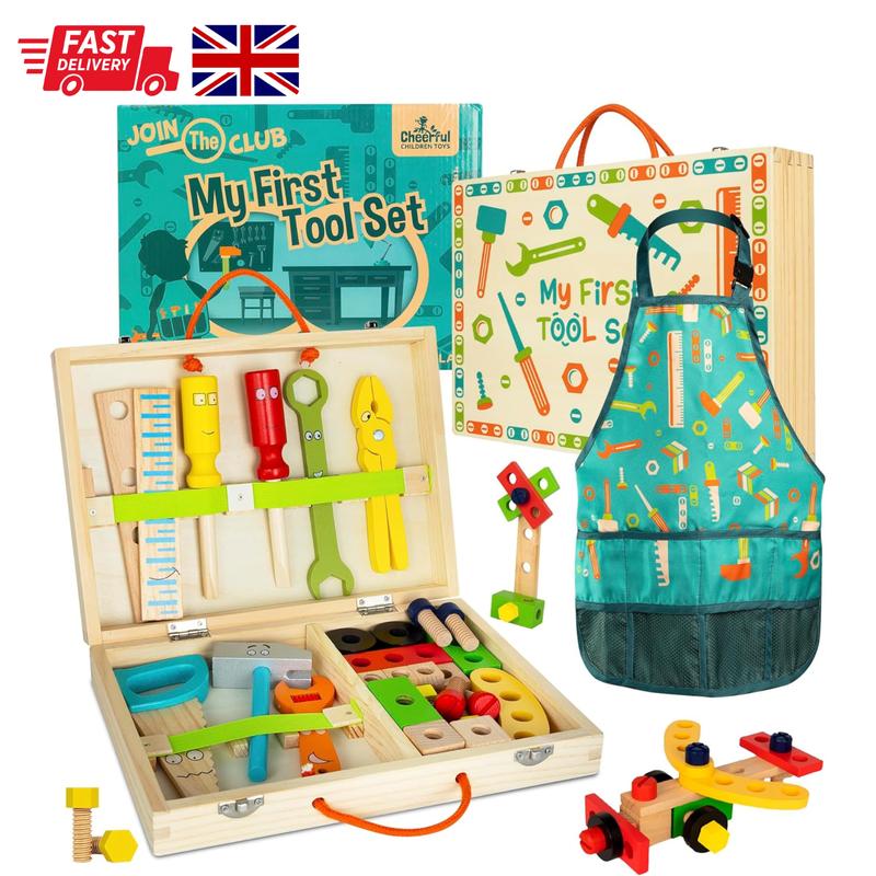 Cheerful Children Toys High-Grade Kids Tool Set - 36 Pcs Wooden Tool Set for Kids 3-7 - Include Portable Tool Box & Adjustable Apron - DIY Gift for Young Builders - Play Tools for Creativity & Fun 0