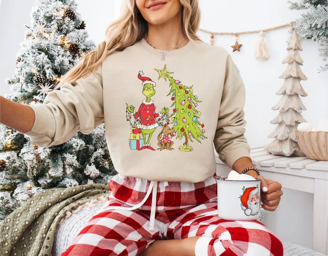 Grinch Christmas Sweatshirt, Grinchmas Tree Sweatshirt for Women, Grinchy Sweatshirt - Cotton Fabric Comfy - Fit Womenswear Minimalist