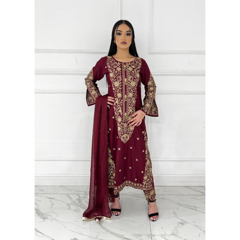 HK271 Jabeen - Maroon Linen Oufit 4