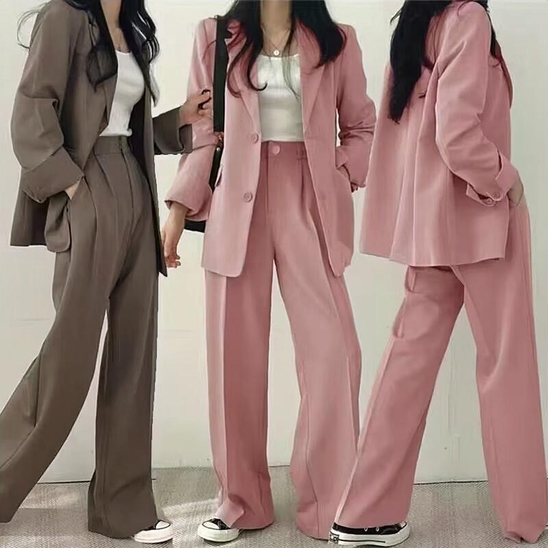 High Quality Women Blazer Set Solid Pocketed Lined Coat + High Waist Suit Pants Office Lady Formal Two Piece Set 0
