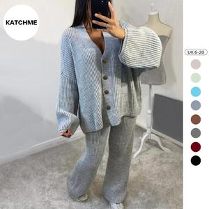 KatchMe Knit V Neck Commuter Cardigan & Wide Leg Pants Co-ord (One Size: 6-20UK),Plain Lady's Button Knitwear Set,Two-Piece Outfit Womenswear(Live)